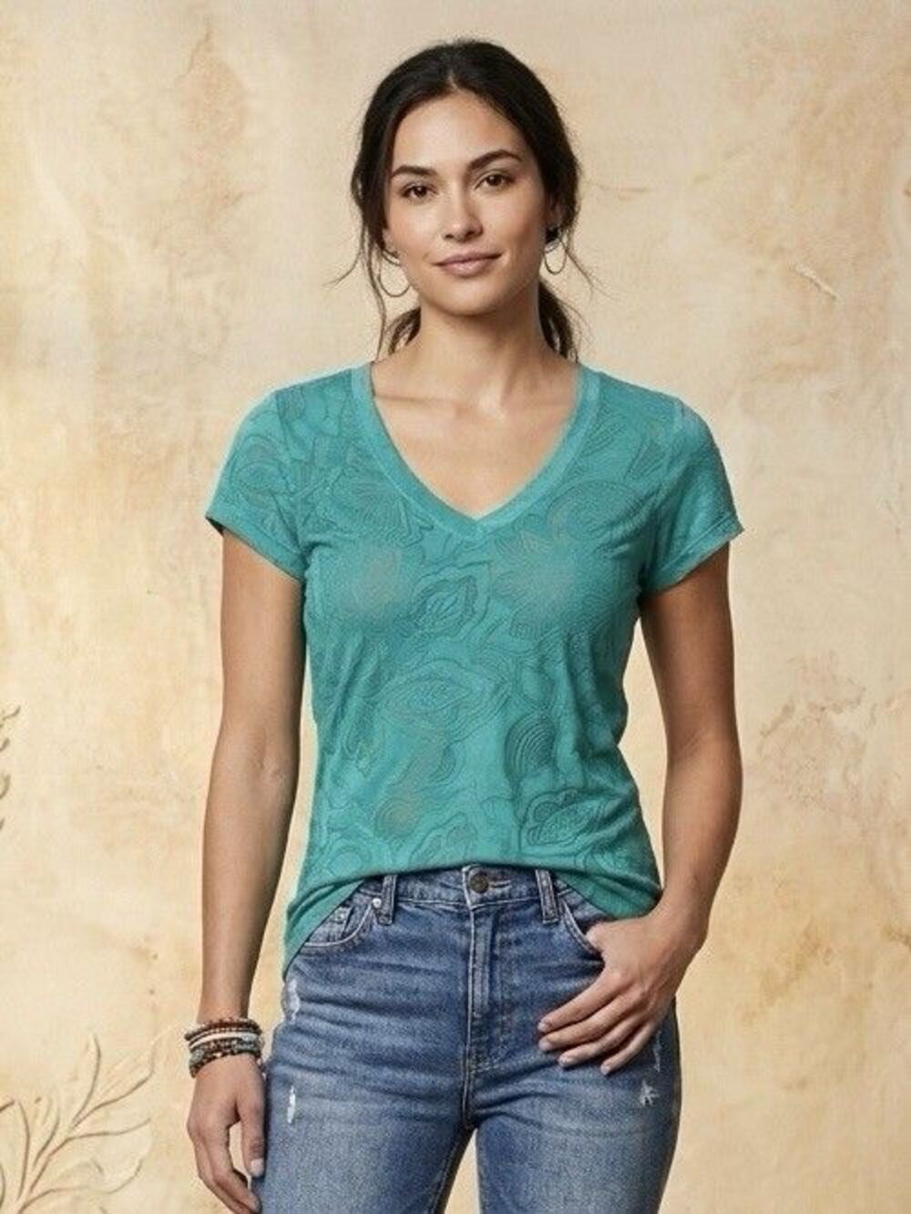 Curious Gypsy V-Neck T-Shirt Teal Blue Floral Burnout Boho Y2K Bella Swan M L